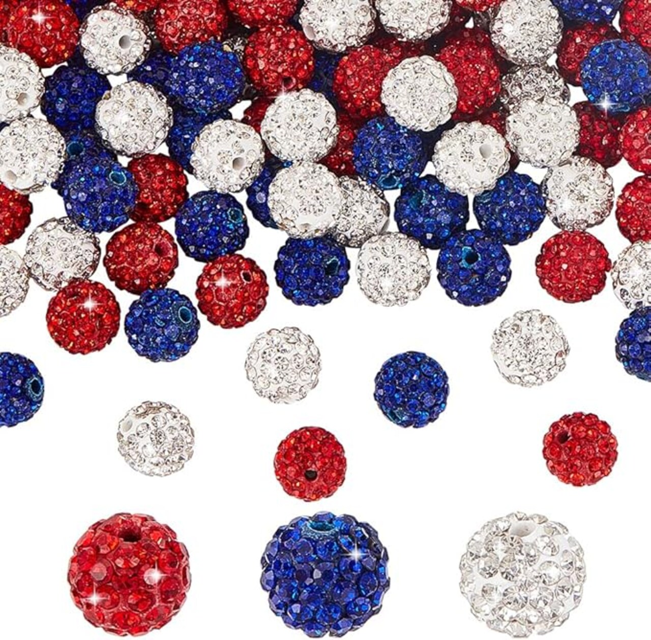 120pcs 4th of July Patriotic Beads 10mm Crystal Beads Red Blue Bead Polymer Clay Pave Disco Ball Craft Bead for Independence Day Friendship Bracelet Necklace Earring Jewelry Making